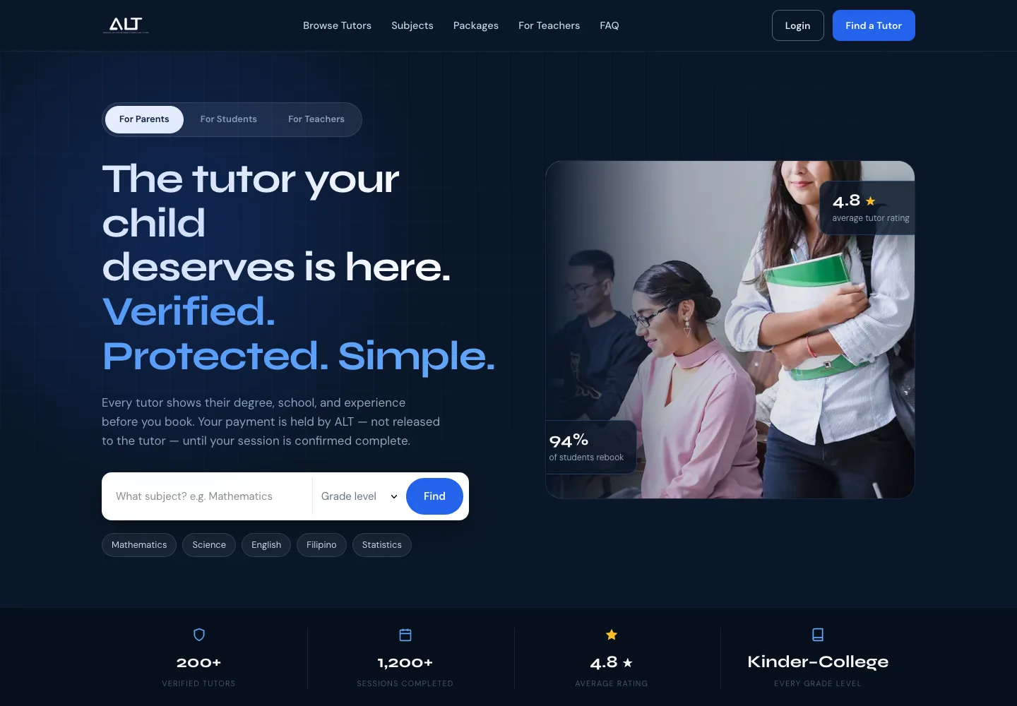 ALT tutor marketplace homepage with tutor search and parent, student and teacher pathways