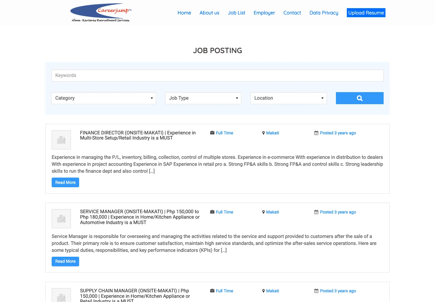 Careerjump job board showing keyword, category, job type and location filters above published vacancies