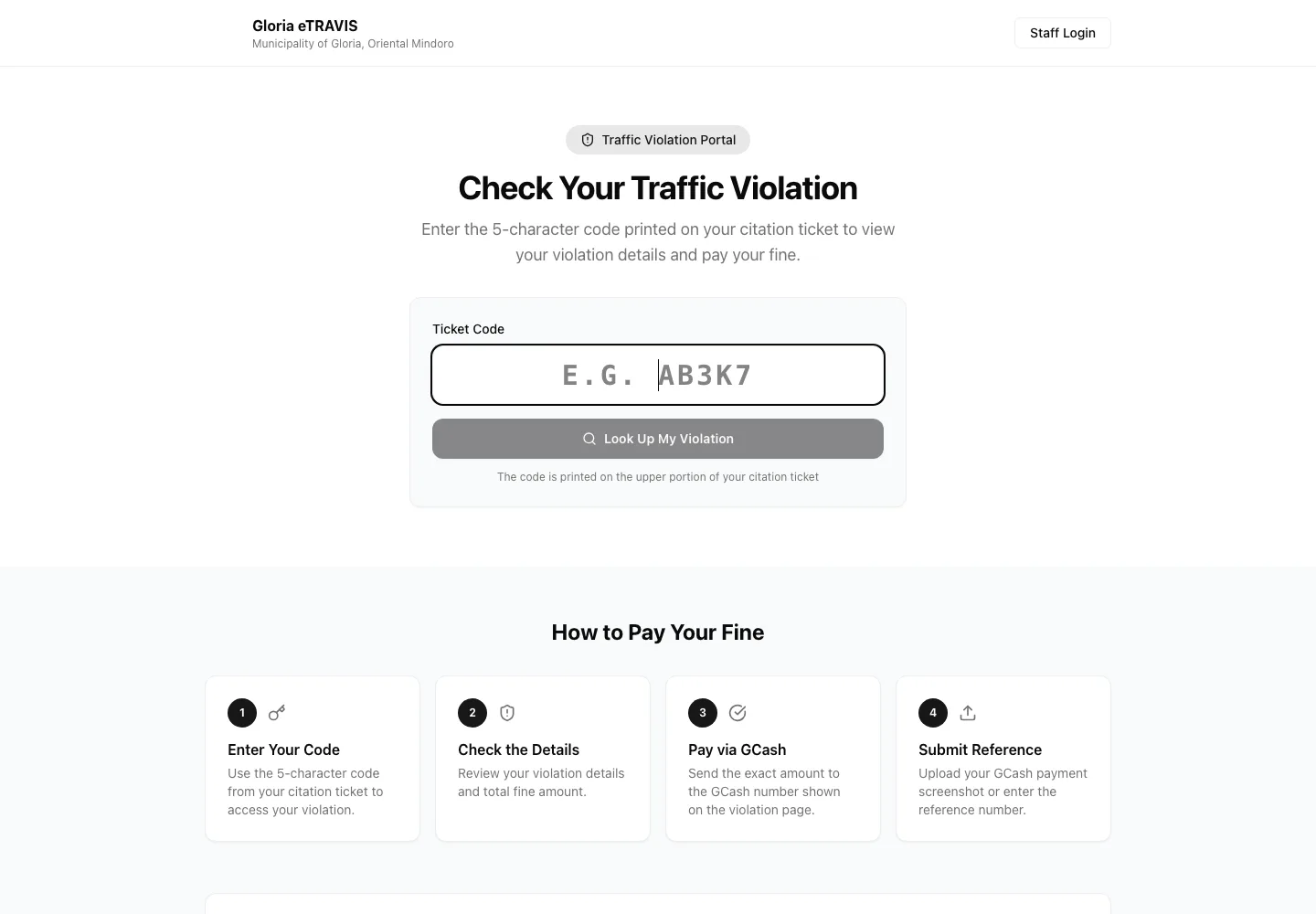 Gloria eTRAVIS traffic violation lookup and payment portal