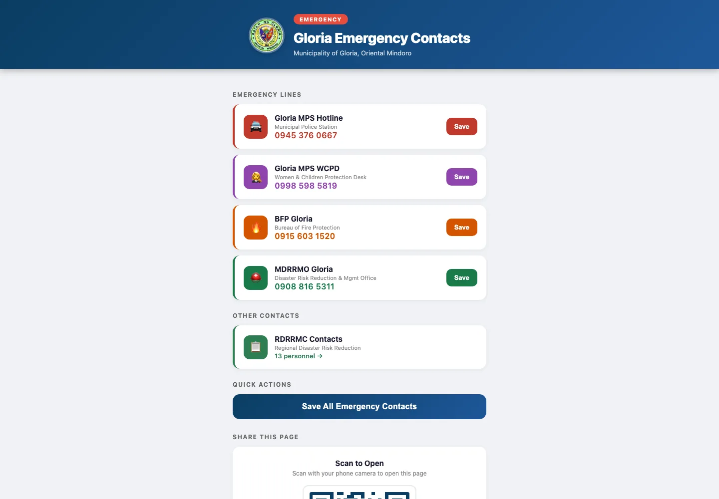 Gloria Emergency Contacts hub listing police, fire and disaster hotlines