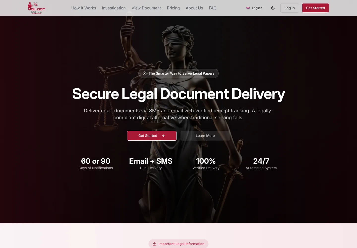 YouGotServe secure legal document delivery platform homepage